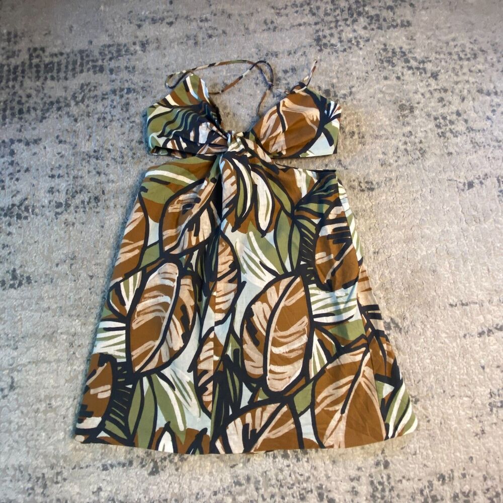 Zara Women M Tropical Palm Print Linen Blend Cutout Halter Mini Dress Open Back